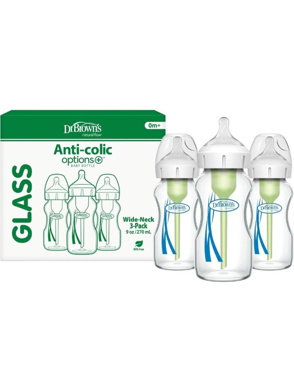 Anti-Colic Wide-Neck Glass Baby Bottles, 9 oz - Set of 3 for Easy Feeding